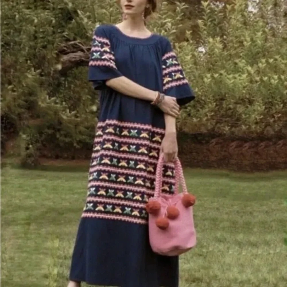 Frances Valentine Kaftan Butterfly Embroidered Dress In Navy Size 22 - Picture 4 of 11